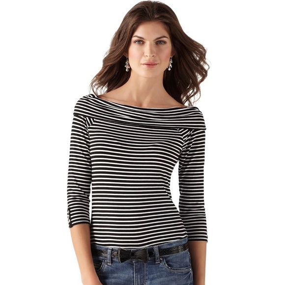 WHBM 3/4 Sleeve off the Shoulder Stripe Top - Picture 3 of 11